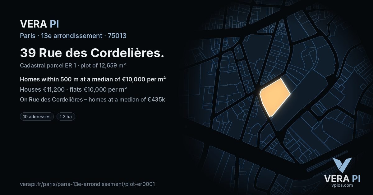 39 Rue des Cordelières, 13e arrondissement at night – the plot lit, the parcels around coloured by the prices near them