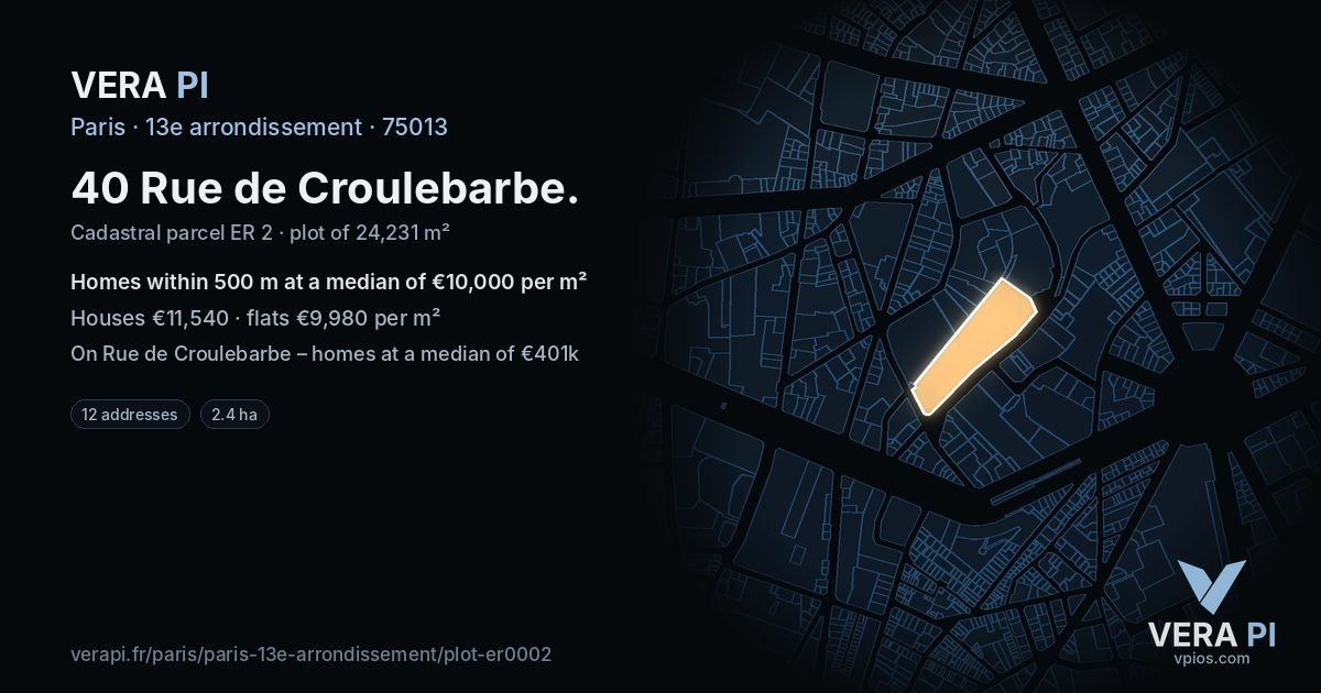 40 Rue de Croulebarbe, 13e arrondissement at night – the plot lit, the parcels around coloured by the prices near them