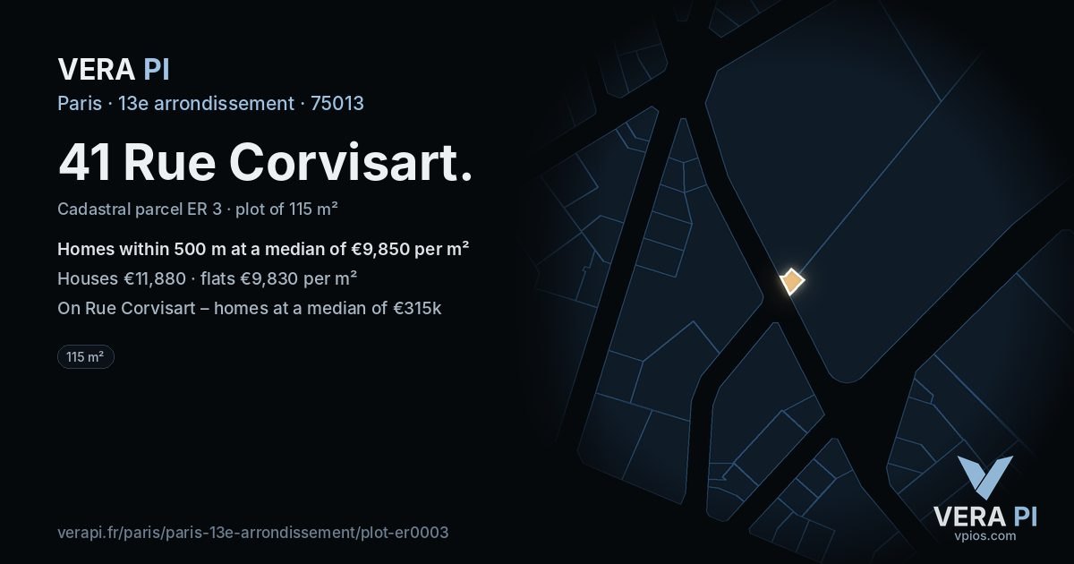 41 Rue Corvisart, 13e arrondissement at night – the plot lit, the parcels around coloured by the prices near them