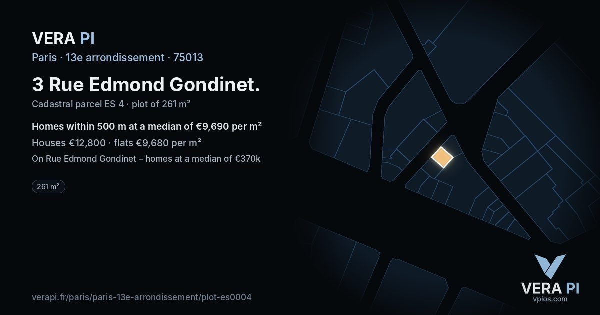 3 Rue Edmond Gondinet, 13e arrondissement at night – the plot lit, the parcels around coloured by the prices near them