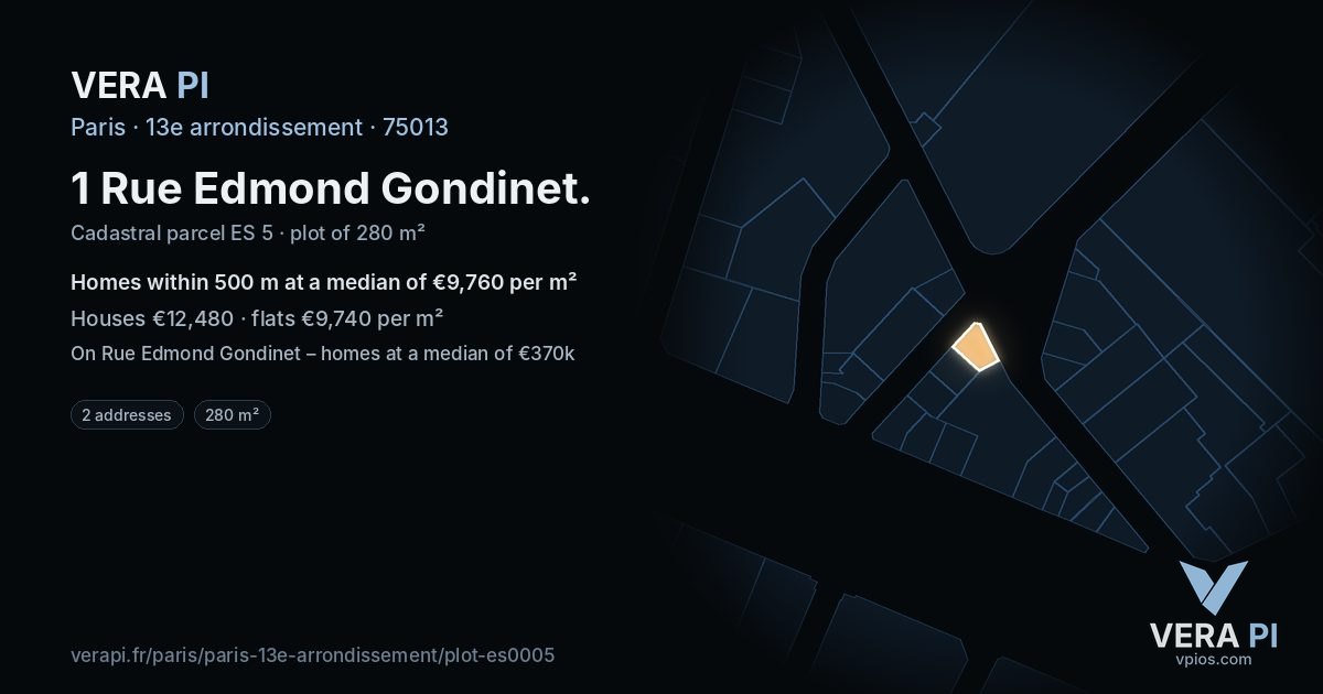 1 Rue Edmond Gondinet, 13e arrondissement at night – the plot lit, the parcels around coloured by the prices near them