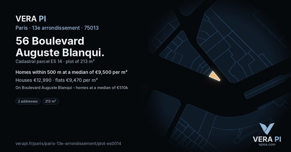 56 Boulevard Auguste Blanqui, 13e arrondissement at night – the plot lit, the parcels around coloured by the prices near them