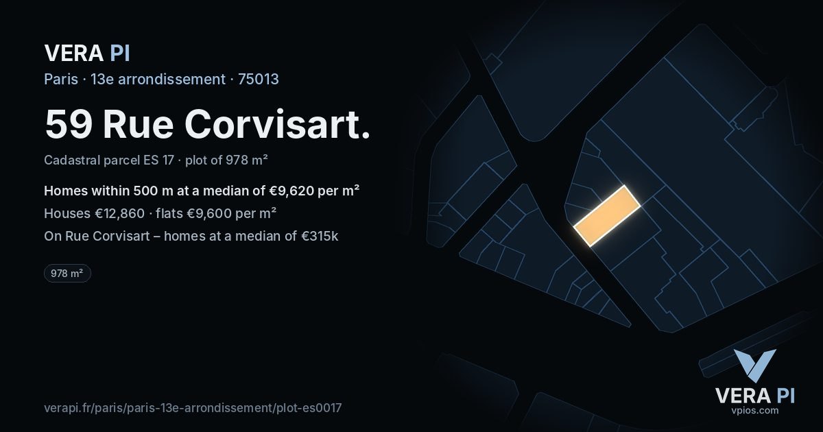 59 Rue Corvisart, 13e arrondissement at night – the plot lit, the parcels around coloured by the prices near them