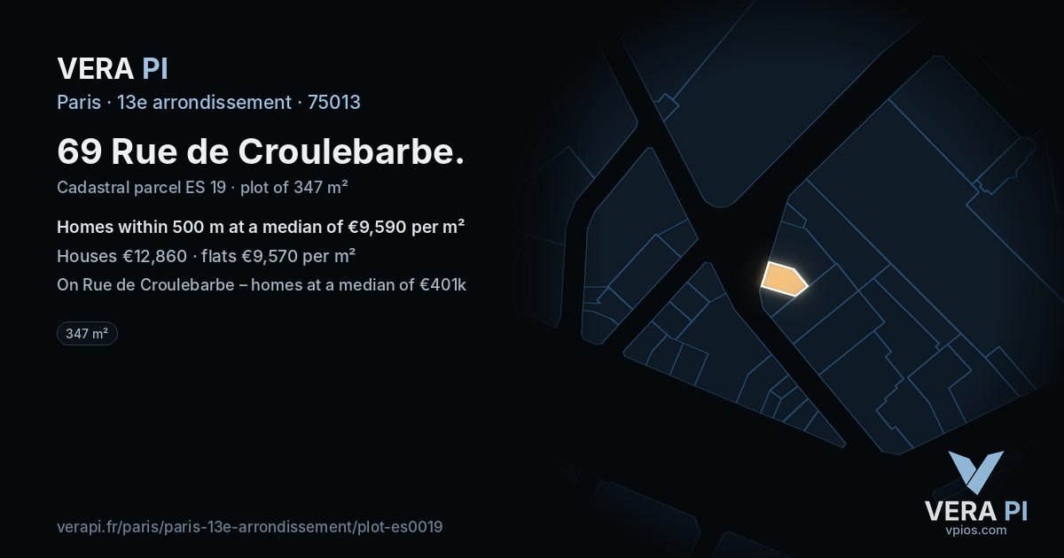 69 Rue de Croulebarbe, 13e arrondissement at night – the plot lit, the parcels around coloured by the prices near them