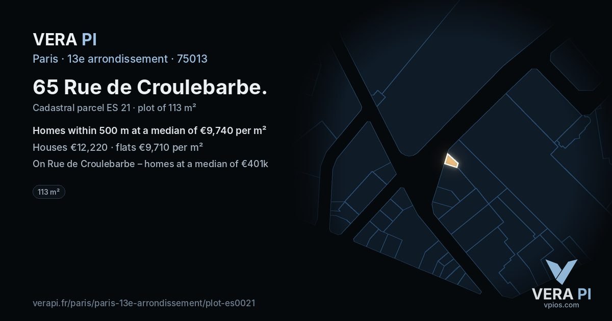 65 Rue de Croulebarbe, 13e arrondissement at night – the plot lit, the parcels around coloured by the prices near them