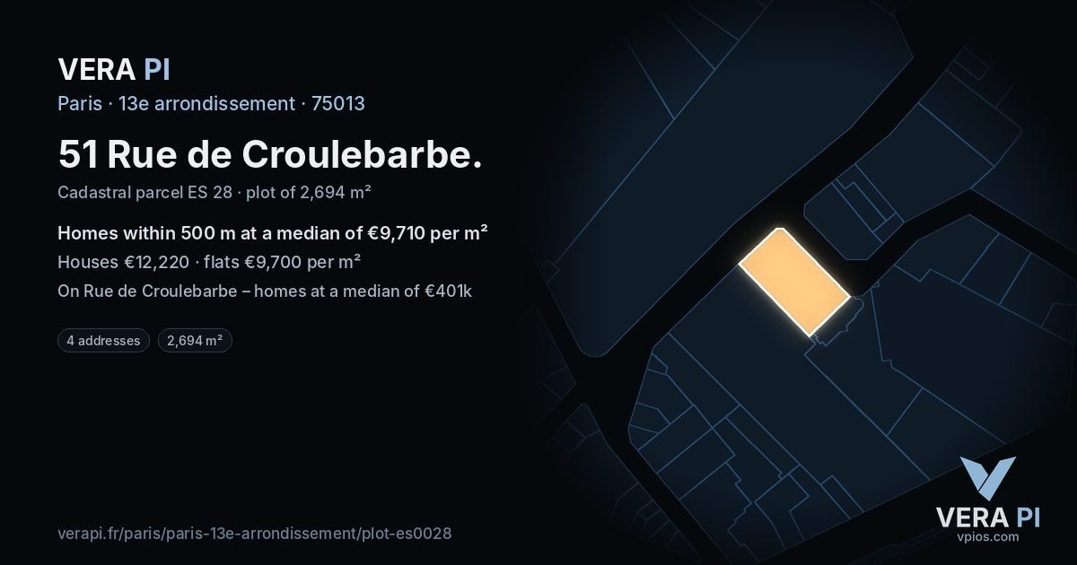51 Rue de Croulebarbe, 13e arrondissement at night – the plot lit, the parcels around coloured by the prices near them