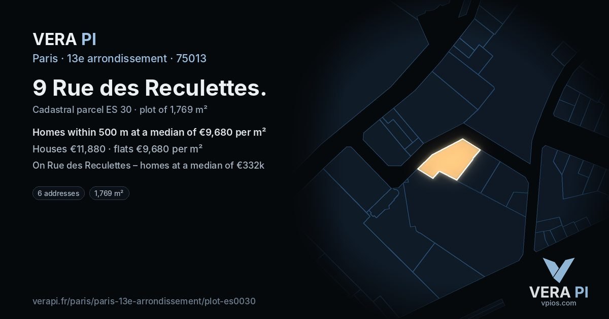 9 Rue des Reculettes, 13e arrondissement at night – the plot lit, the parcels around coloured by the prices near them