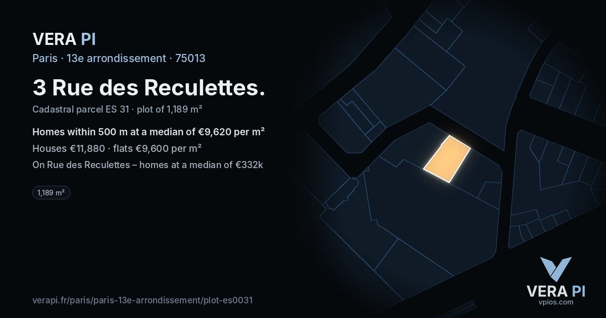 3 Rue des Reculettes, 13e arrondissement at night – the plot lit, the parcels around coloured by the prices near them