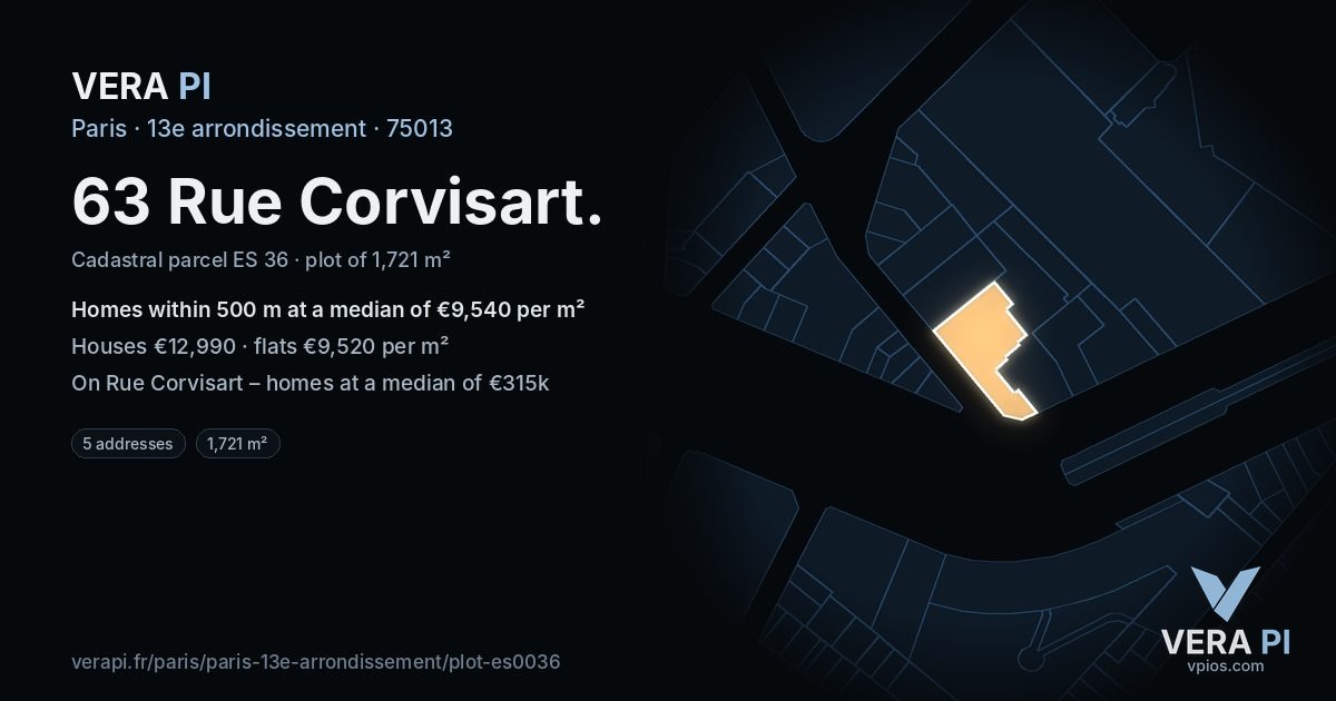 63 Rue Corvisart, 13e arrondissement at night – the plot lit, the parcels around coloured by the prices near them