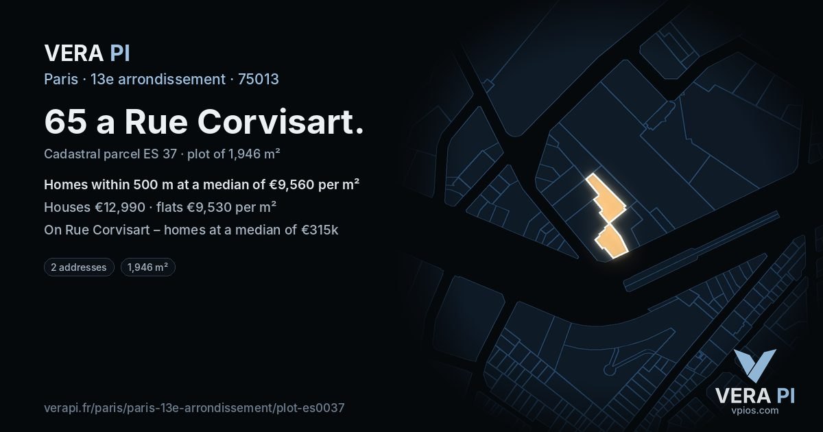 65 a Rue Corvisart, 13e arrondissement at night – the plot lit, the parcels around coloured by the prices near them