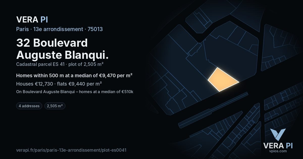 32 Boulevard Auguste Blanqui, 13e arrondissement at night – the plot lit, the parcels around coloured by the prices near them