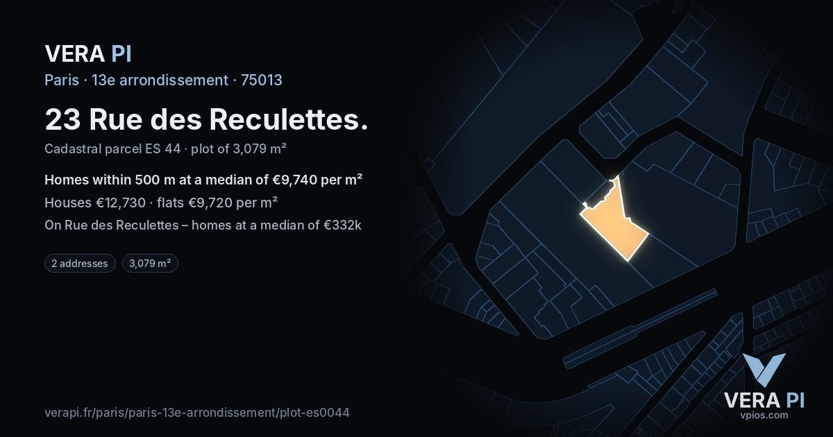 23 Rue des Reculettes, 13e arrondissement at night – the plot lit, the parcels around coloured by the prices near them