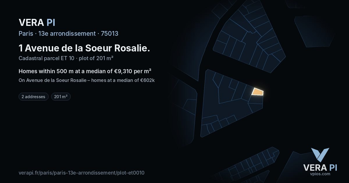 1 Avenue de la Soeur Rosalie, 13e arrondissement at night – the plot lit, the parcels around coloured by the prices near them