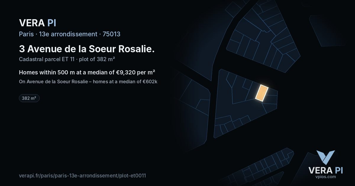 3 Avenue de la Soeur Rosalie, 13e arrondissement at night – the plot lit, the parcels around coloured by the prices near them
