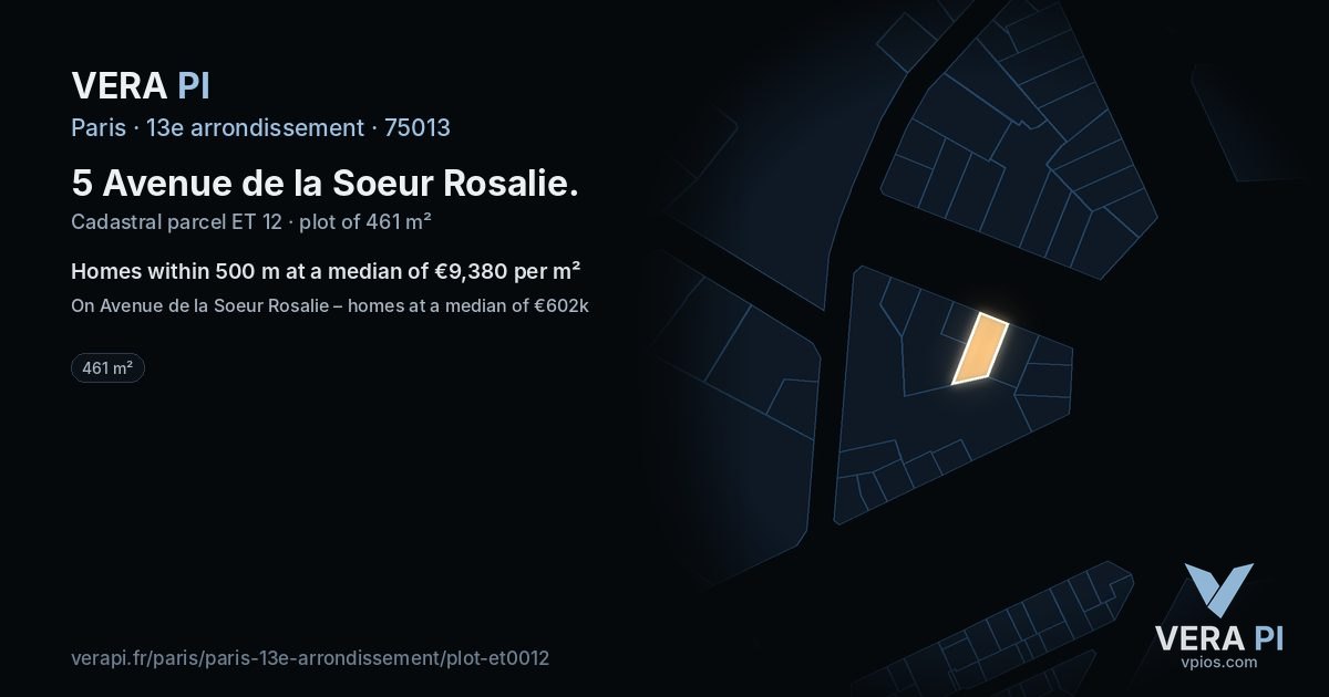 5 Avenue de la Soeur Rosalie, 13e arrondissement at night – the plot lit, the parcels around coloured by the prices near them