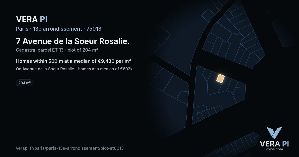 7 Avenue de la Soeur Rosalie, 13e arrondissement at night – the plot lit, the parcels around coloured by the prices near them