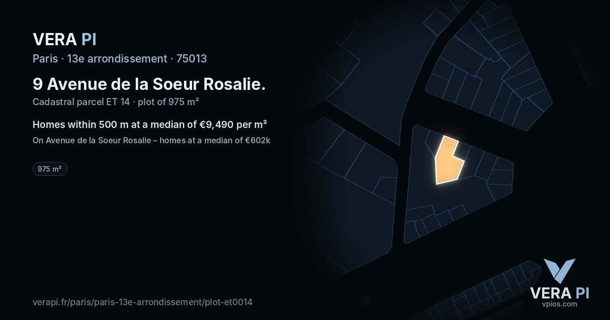9 Avenue de la Soeur Rosalie, 13e arrondissement at night – the plot lit, the parcels around coloured by the prices near them