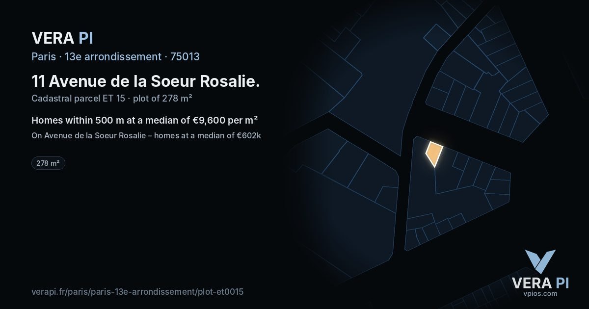 11 Avenue de la Soeur Rosalie, 13e arrondissement at night – the plot lit, the parcels around coloured by the prices near them