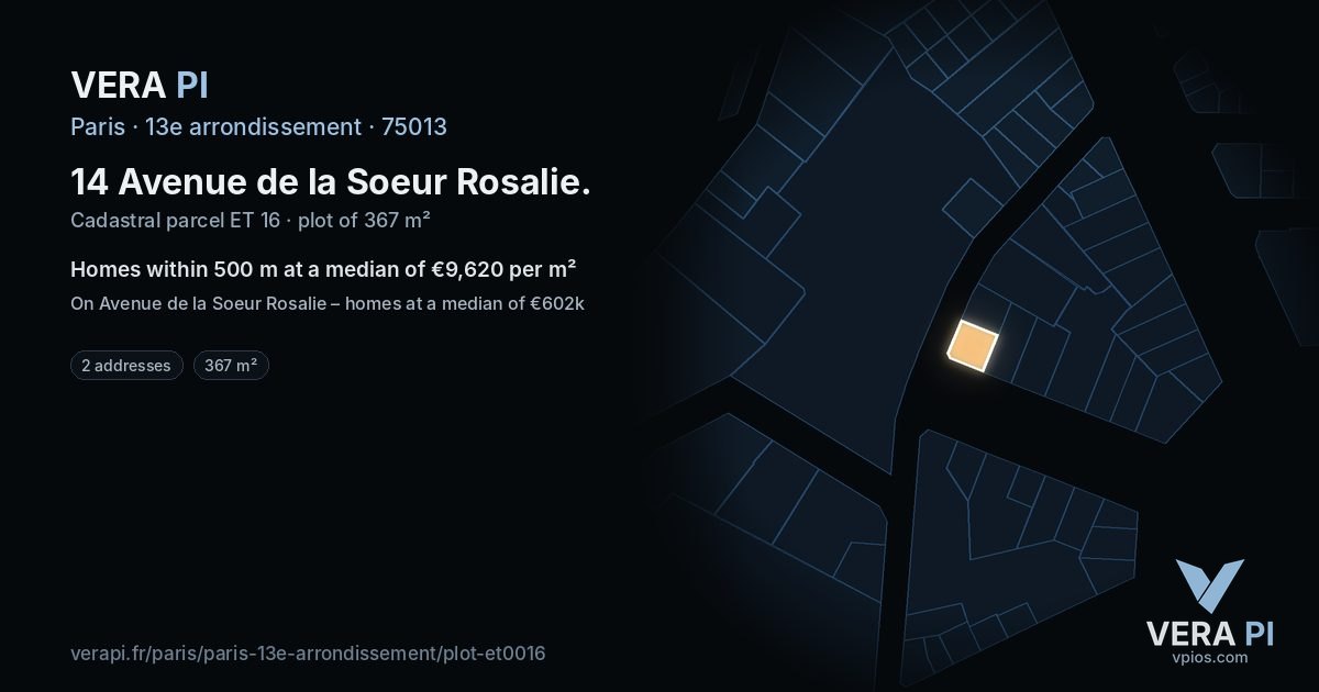 14 Avenue de la Soeur Rosalie, 13e arrondissement at night – the plot lit, the parcels around coloured by the prices near them
