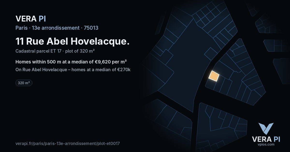 11 Rue Abel Hovelacque, 13e arrondissement at night – the plot lit, the parcels around coloured by the prices near them