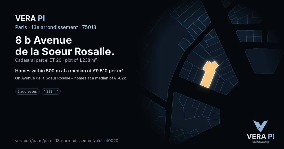 8 b Avenue de la Soeur Rosalie, 13e arrondissement at night – the plot lit, the parcels around coloured by the prices near them