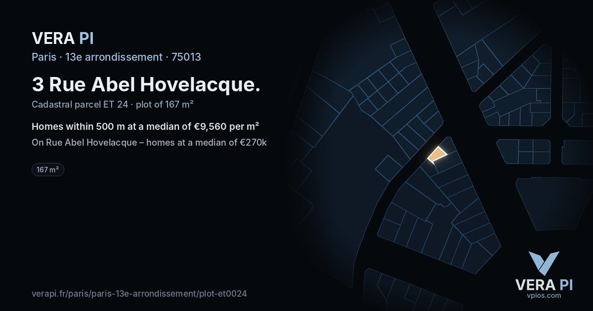 3 Rue Abel Hovelacque, 13e arrondissement at night – the plot lit, the parcels around coloured by the prices near them