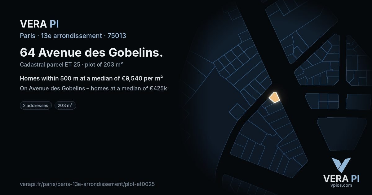 64 Avenue des Gobelins, 13e arrondissement at night – the plot lit, the parcels around coloured by the prices near them