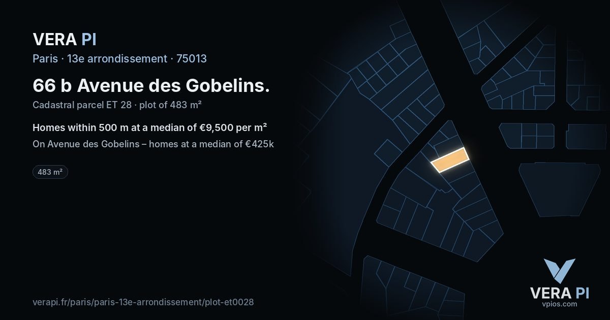 66 b Avenue des Gobelins, 13e arrondissement at night – the plot lit, the parcels around coloured by the prices near them