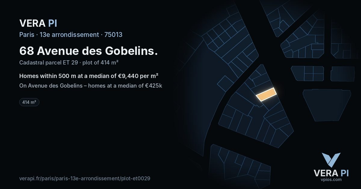 68 Avenue des Gobelins, 13e arrondissement at night – the plot lit, the parcels around coloured by the prices near them