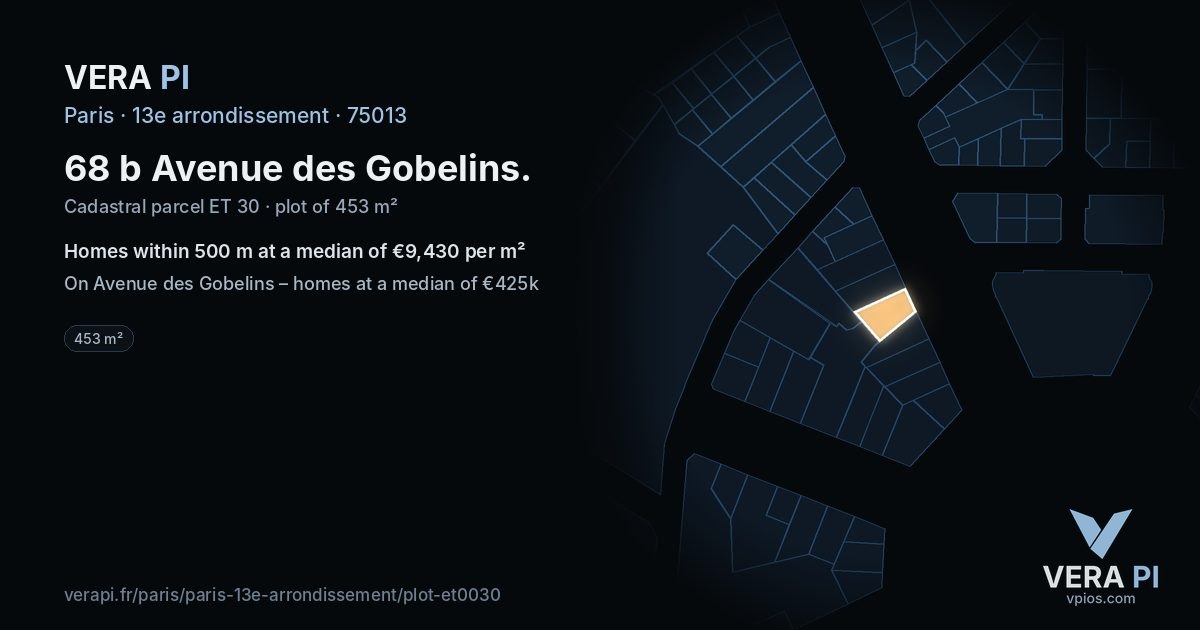 68 b Avenue des Gobelins, 13e arrondissement at night – the plot lit, the parcels around coloured by the prices near them
