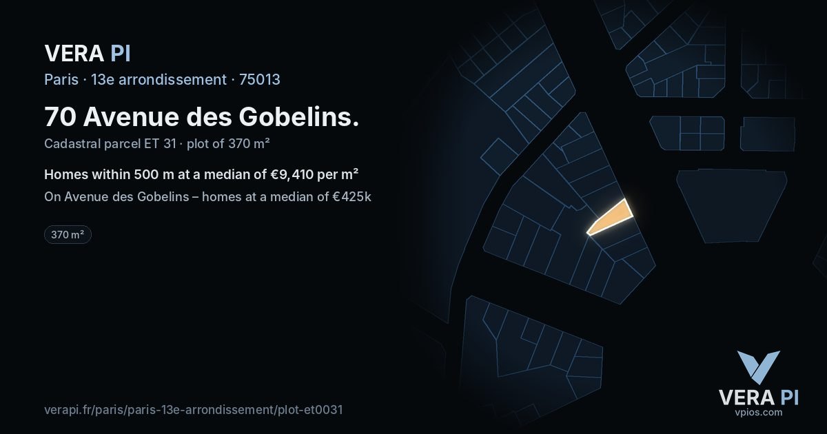 70 Avenue des Gobelins, 13e arrondissement at night – the plot lit, the parcels around coloured by the prices near them