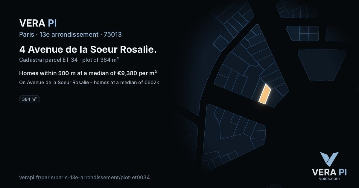 4 Avenue de la Soeur Rosalie, 13e arrondissement at night – the plot lit, the parcels around coloured by the prices near them