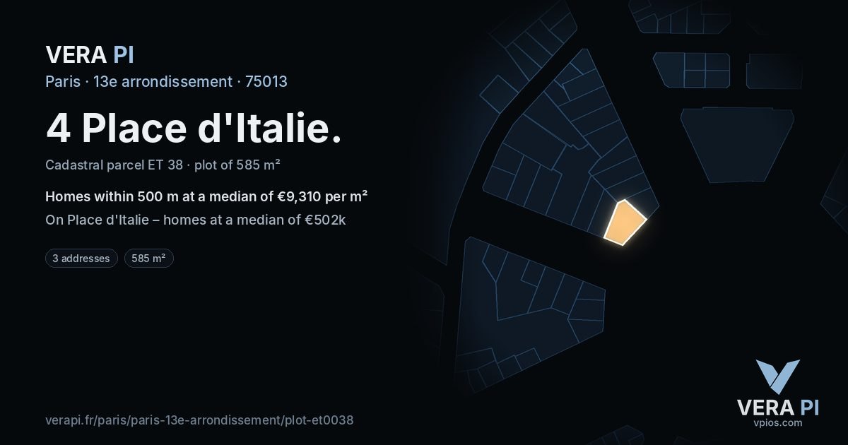 4 Place d'Italie, 13e arrondissement at night – the plot lit, the parcels around coloured by the prices near them
