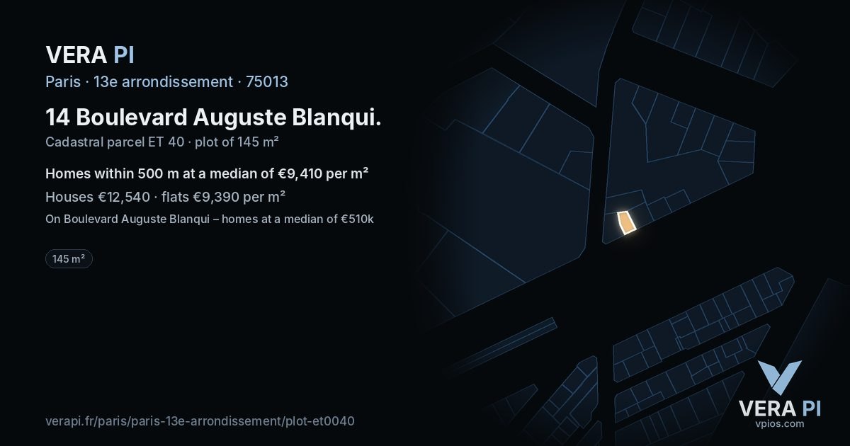 14 Boulevard Auguste Blanqui, 13e arrondissement at night – the plot lit, the parcels around coloured by the prices near them