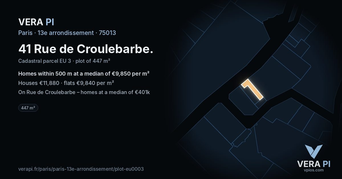 41 Rue de Croulebarbe, 13e arrondissement at night – the plot lit, the parcels around coloured by the prices near them