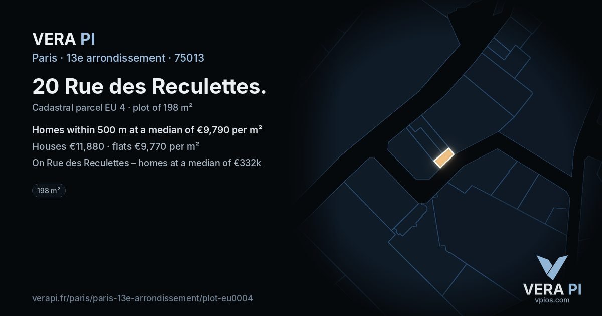 20 Rue des Reculettes, 13e arrondissement at night – the plot lit, the parcels around coloured by the prices near them