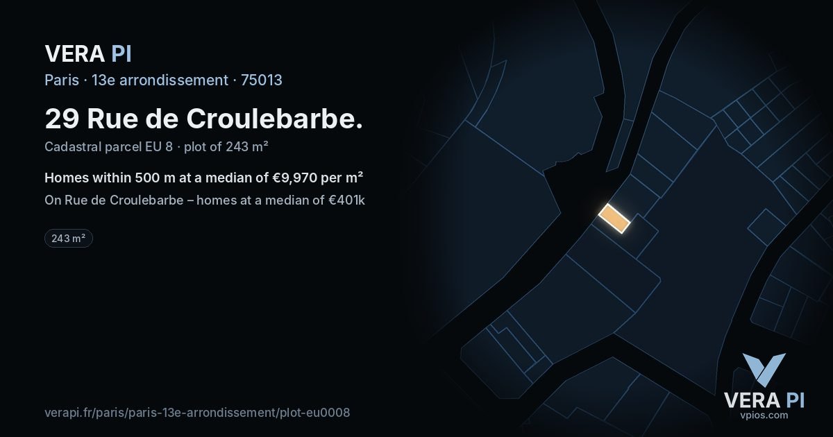 29 Rue de Croulebarbe, 13e arrondissement at night – the plot lit, the parcels around coloured by the prices near them