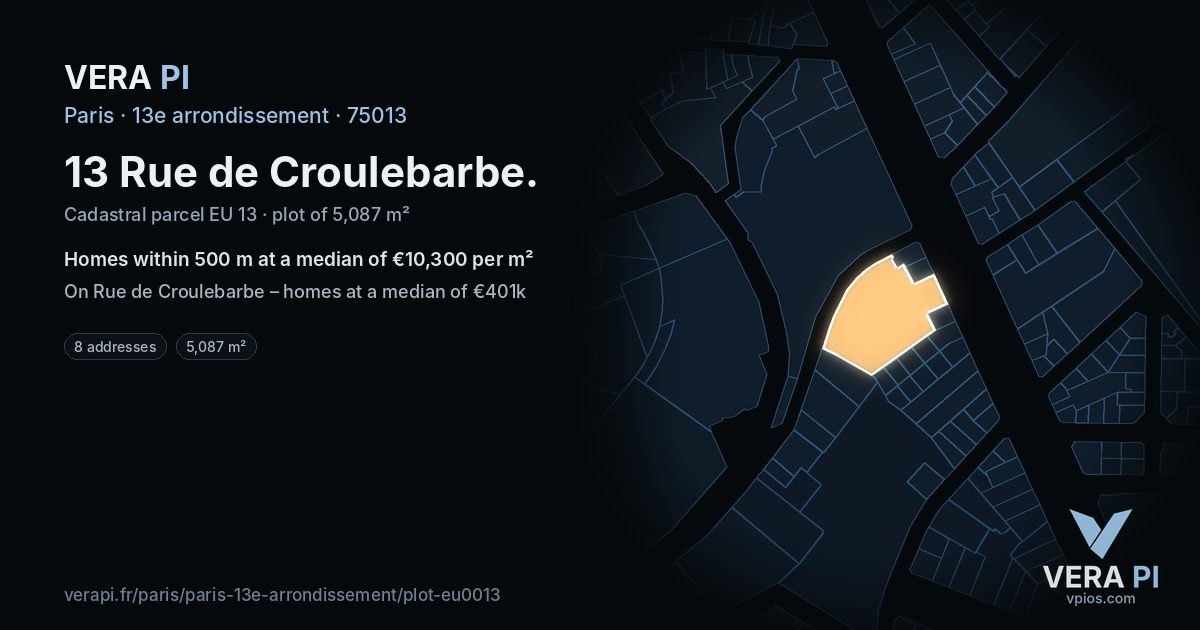 13 Rue de Croulebarbe, 13e arrondissement at night – the plot lit, the parcels around coloured by the prices near them