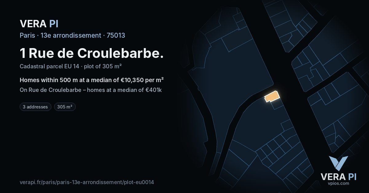 1 Rue de Croulebarbe, 13e arrondissement at night – the plot lit, the parcels around coloured by the prices near them