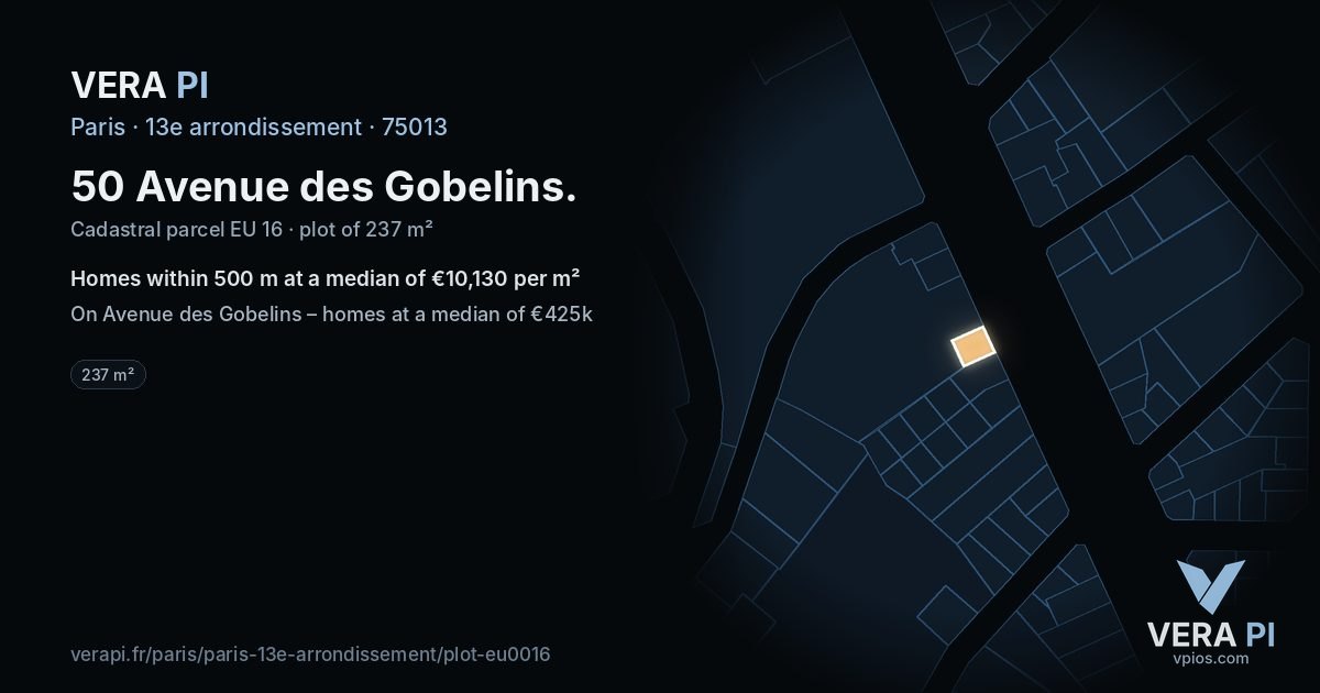 50 Avenue des Gobelins, 13e arrondissement at night – the plot lit, the parcels around coloured by the prices near them