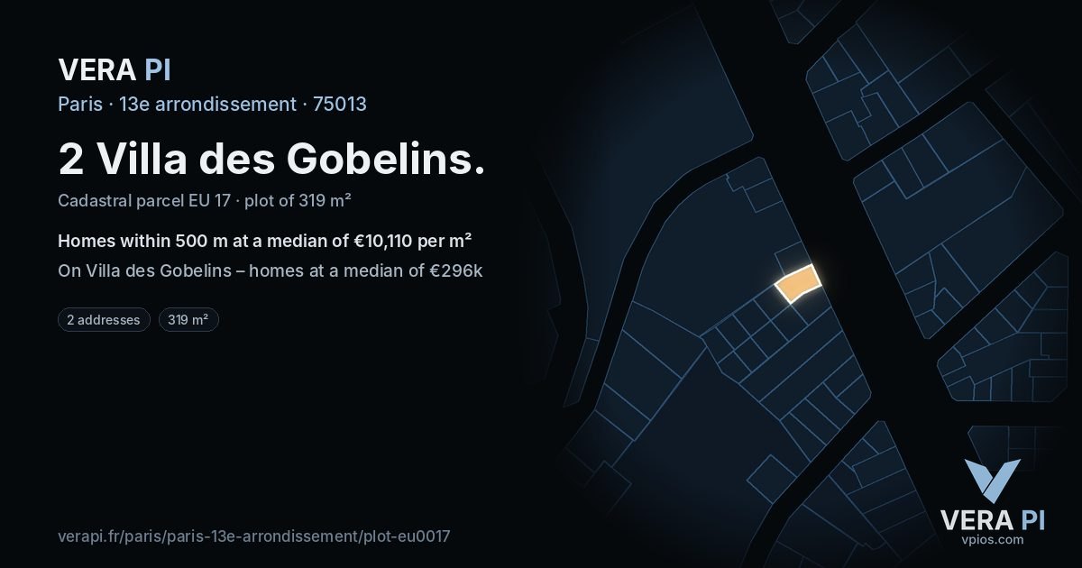 2 Villa des Gobelins, 13e arrondissement at night – the plot lit, the parcels around coloured by the prices near them