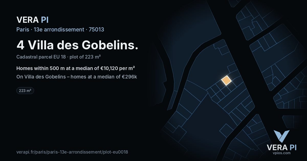 4 Villa des Gobelins, 13e arrondissement at night – the plot lit, the parcels around coloured by the prices near them
