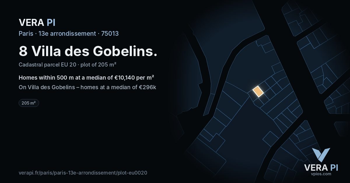 8 Villa des Gobelins, 13e arrondissement at night – the plot lit, the parcels around coloured by the prices near them