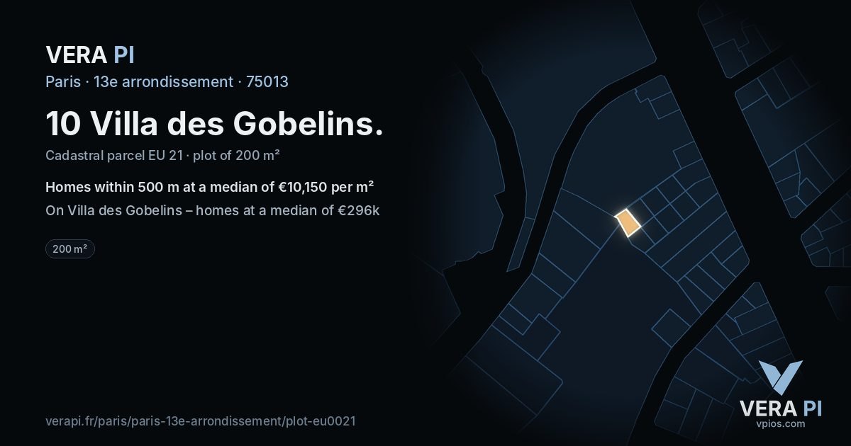 10 Villa des Gobelins, 13e arrondissement at night – the plot lit, the parcels around coloured by the prices near them
