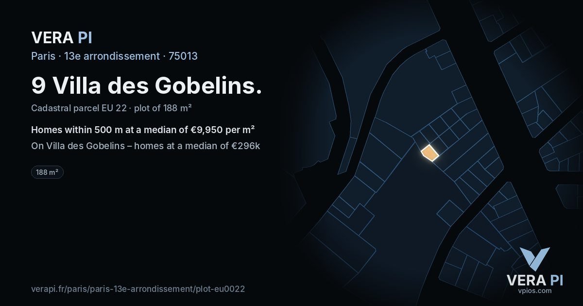 9 Villa des Gobelins, 13e arrondissement at night – the plot lit, the parcels around coloured by the prices near them