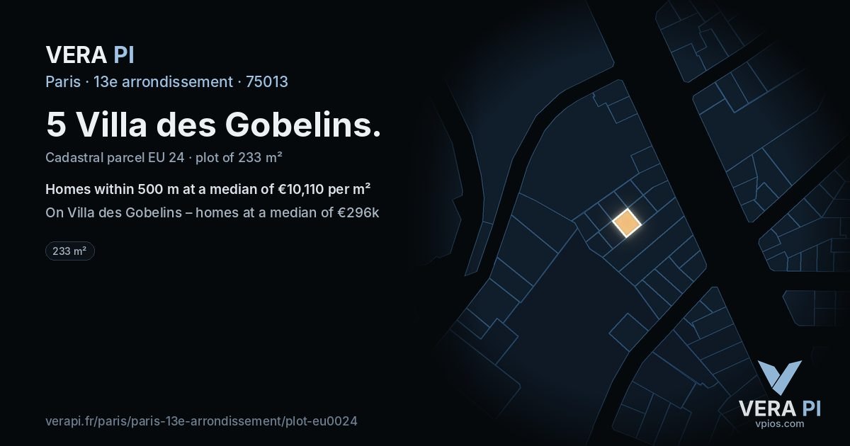 5 Villa des Gobelins, 13e arrondissement at night – the plot lit, the parcels around coloured by the prices near them