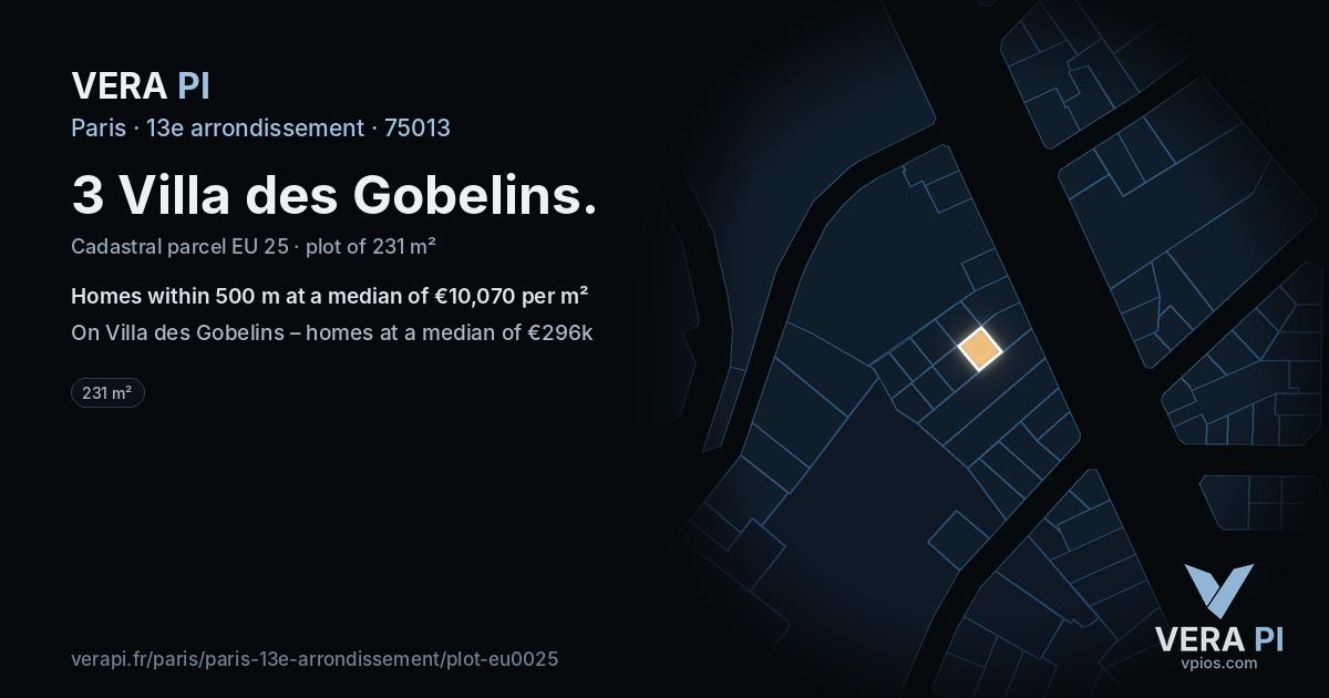 3 Villa des Gobelins, 13e arrondissement at night – the plot lit, the parcels around coloured by the prices near them