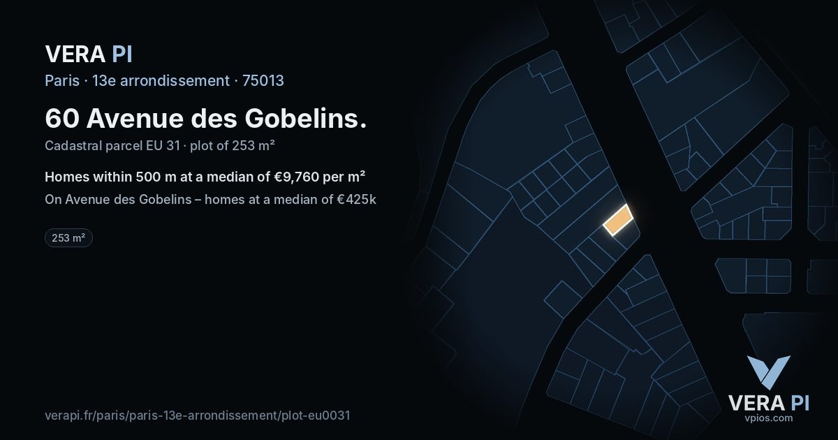 60 Avenue des Gobelins, 13e arrondissement at night – the plot lit, the parcels around coloured by the prices near them