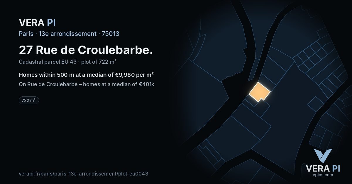 27 Rue de Croulebarbe, 13e arrondissement at night – the plot lit, the parcels around coloured by the prices near them