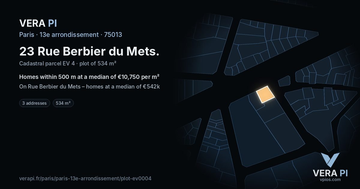 23 Rue Berbier du Mets, 13e arrondissement at night – the plot lit, the parcels around coloured by the prices near them